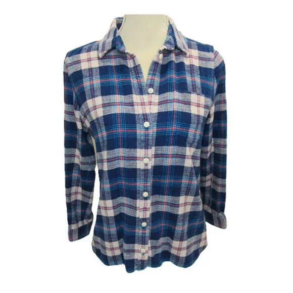 J. Crew Womens 10P Flannel Plaid Button Up Blue Coral Cotton Long Sleeve - Picture 4 of 15